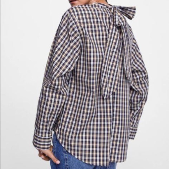 ZARA Navy Check Bow Detail High Low Blouse Top - Picture 2 of 7